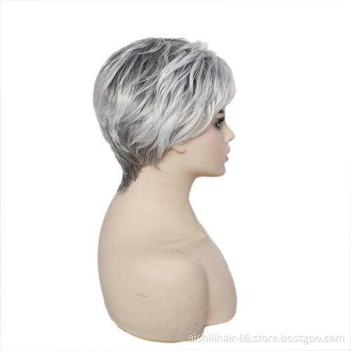 Wholesale stort ombre silvery with gary color wig with  natural bangs synthetic hair wigs for women